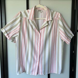 [L] Vintage D’Allairds White & Pastel Pink Stripe Button Down Short Sl Blouse